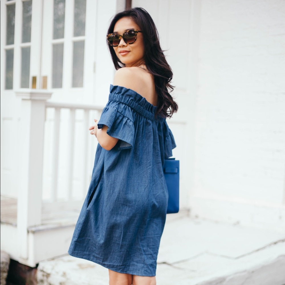 Anthropologie Chambray Off-Shoulder Dress - Picture 4 of 6